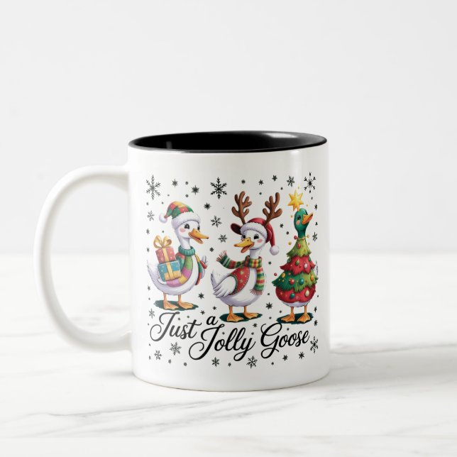 Just A Jolly Goose Patchwork Christmas Duck Funny  Two-Tone Coffee Mug (Left)