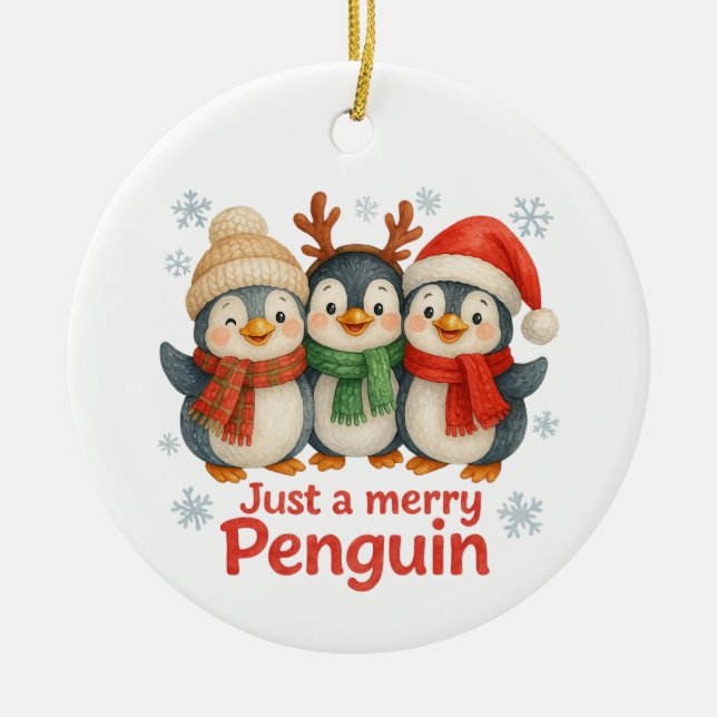 Just a Merry Penguin Christmas Card – Cute Holiday Ceramic Tree Decoration (Front)