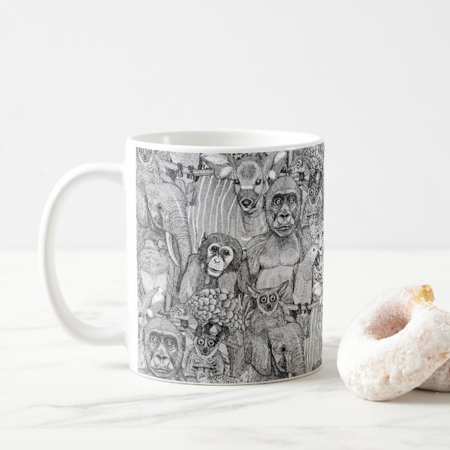 just african jungle animals black white coffee mug (With Donut)
