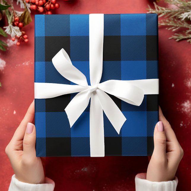 Just Blue and Black Buffalo Plaid Christmas Wrapping Paper Sheet (Blue Buffalo Plaid Gift Wrap)