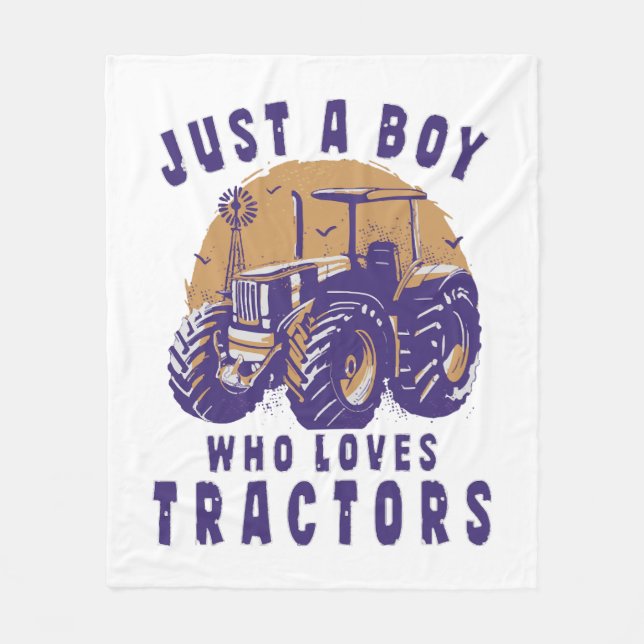 Just Boy Who Loves Tractors Farm Trucks Fleece Blanket (Front)