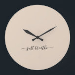 Just breathe beige black elegant script yoga large clock<br><div class="desc">Modern yoga clock with a chic beige background and an elegant hand lettered white script with the quote "just breathe".</div>