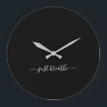 Just breathe black elegant script yoga large clock<br><div class="desc">Modern yoga clock with a chic black background and an elegant hand lettered white script with the quote "just breathe".</div>