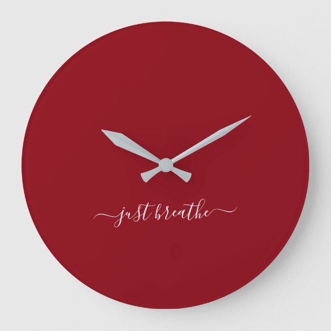 Just breathe burgundy elegant script yoga  large clock (Front)
