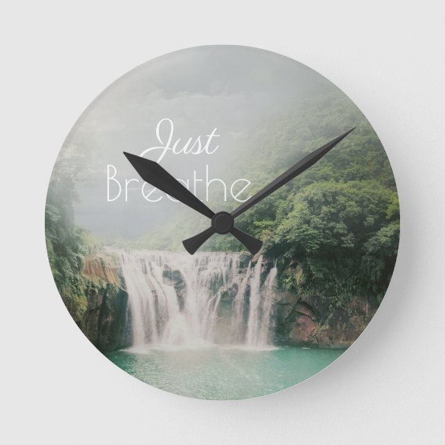 Just Breathe Calming Quote with Waterfall Photo Bl Round Clock (Front)