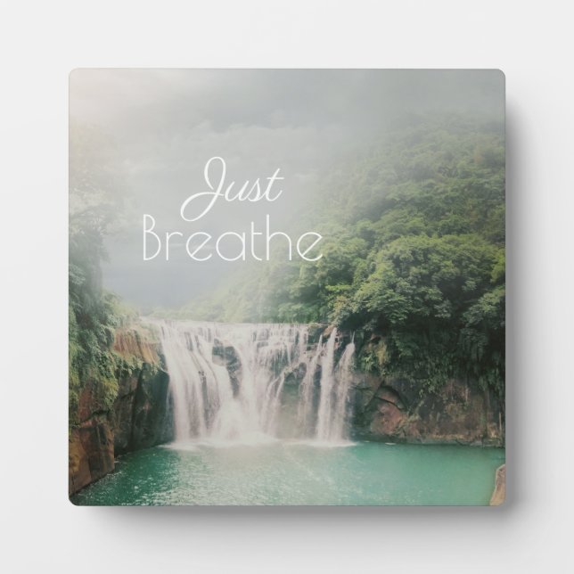 Just Breathe Calming Quote with Waterfall Photo Plaque (Front)