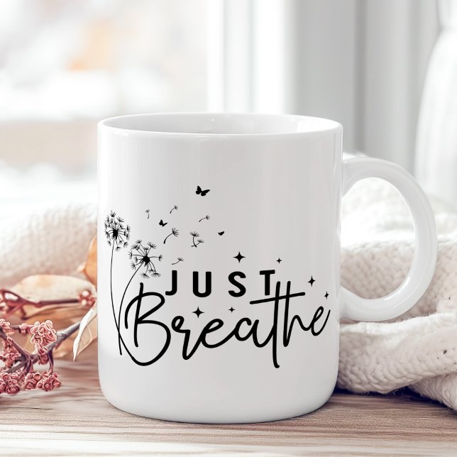 "Just Breathe" Dandelion Butterfly Coffee Mug ("Just Breathe" Dandelion Butterfly Coffee Mug on a boho wooden table with pink flower.)