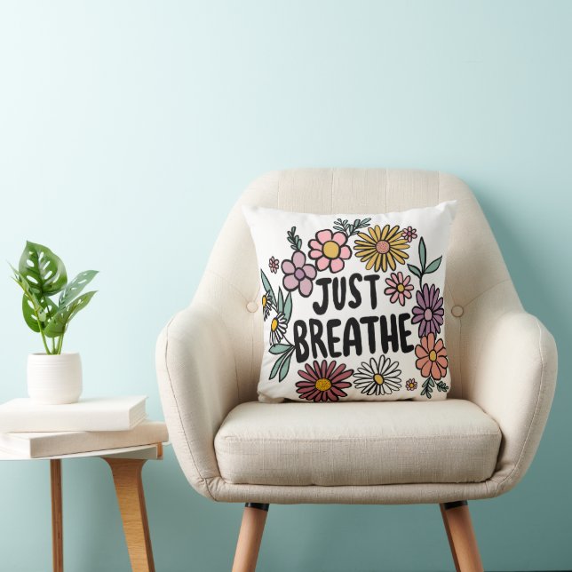 JUST BREATHE Floral Cute Daisy Hand-Drawn Cushion (Chair)