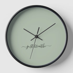 Just breathe green elegant script yoga clock