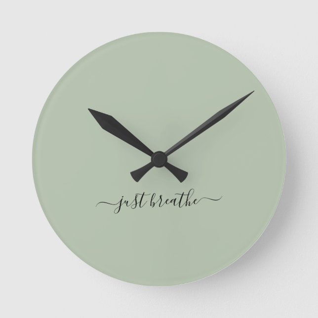 Just breathe green elegant script yoga  round clock (Front)