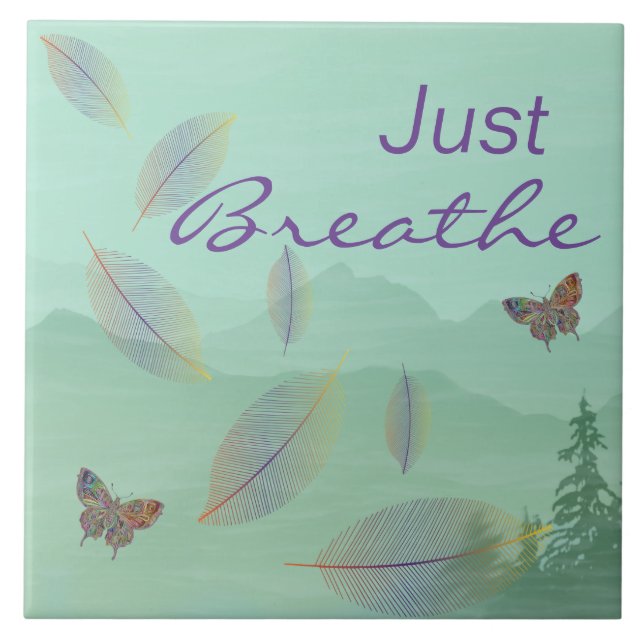 Just Breathe Leaves Butterfly Green Mountain Tile (Front)