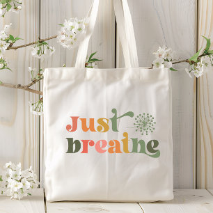 Just Breathe Modern Typography Dandelion Flower Tote Bag