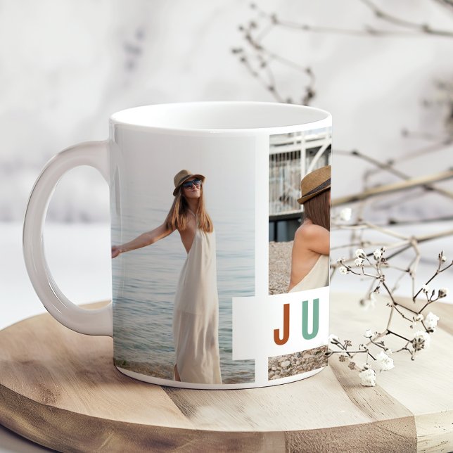 "Just Breathe" Photo Collage Gift  Coffee Mug (Just Breathe" Photo Collage Gift Coffee Mug on a boho wooden kitchen table with tiny flowers.)