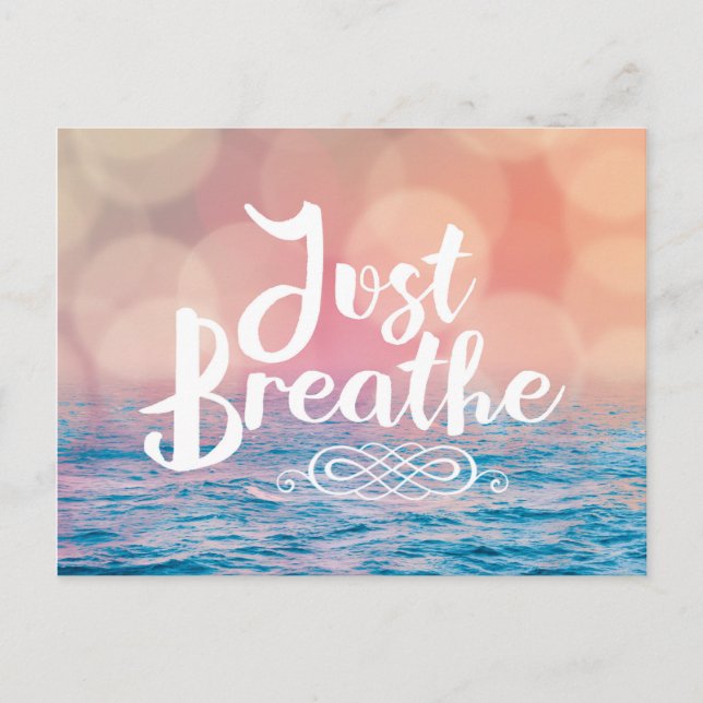 Just Breathe Quote Sunset Bokeh Ocean Postcard (Front)