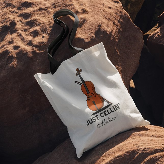 Just Cellin Cello Musician Custom Tote Bag (Cello Musician Orchestra Just Cellin Gag Tote Bag)