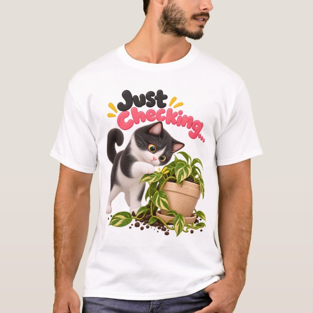 Just Checking! Funny Tuxedo Cat T-Shirt (Front)