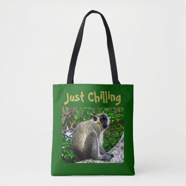 "Just Chilling" Green Monkey Print Tote Bag (Front)