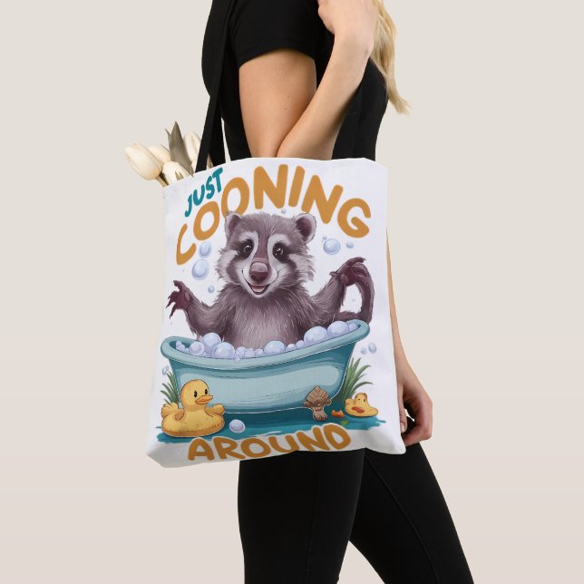 Just Cooning, Playful Racoon Bath time Adventure Tote Bag (Close Up)