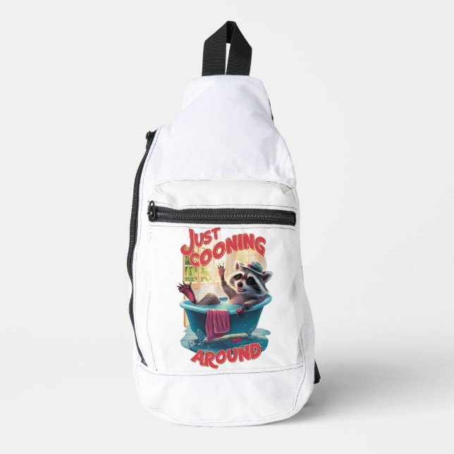 Just Cooning Playful Racoon Splashing in Bath , Sling Bag (Front)