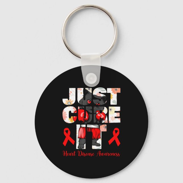 Just Cure It Heart Disease Black Cat Boxing With R Key Ring (Front)