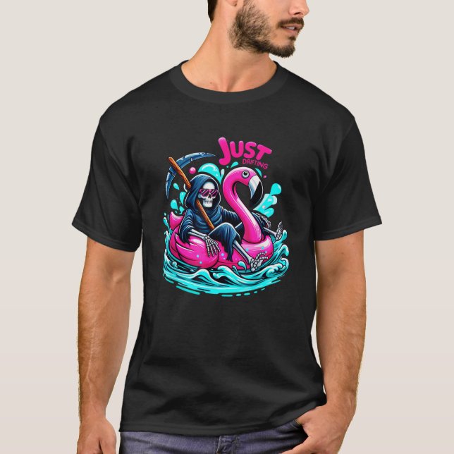 Just Drifting Funny Skeleton Flamingo Beach Summer T-Shirt (Front)