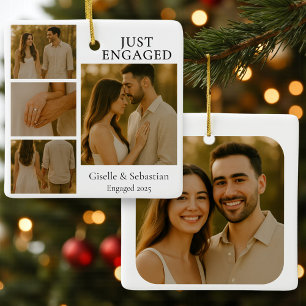 Just Engaged Photo Couple Engagement Christmas Ceramic Ornament