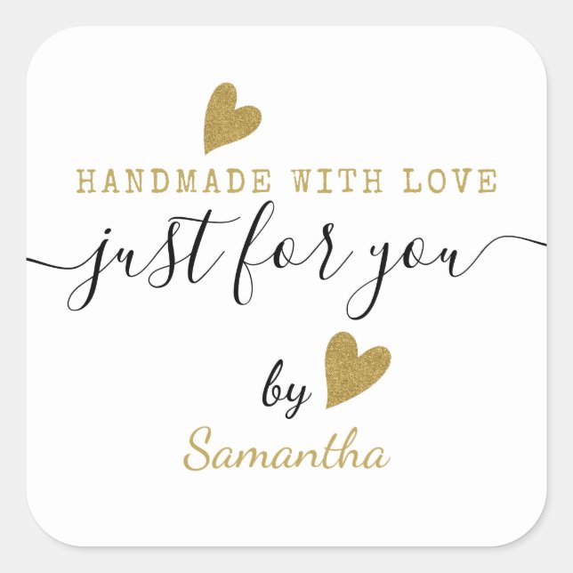 Just For You Gold Glitter Heart Handmade With Love Square Sticker (Front)