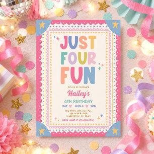 Just Four Fun Whimsical Girl 4th Birthday Party Invitation