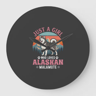 Just Girl Alaskan Malamute Dog Retro Sunset Mounta Large Clock