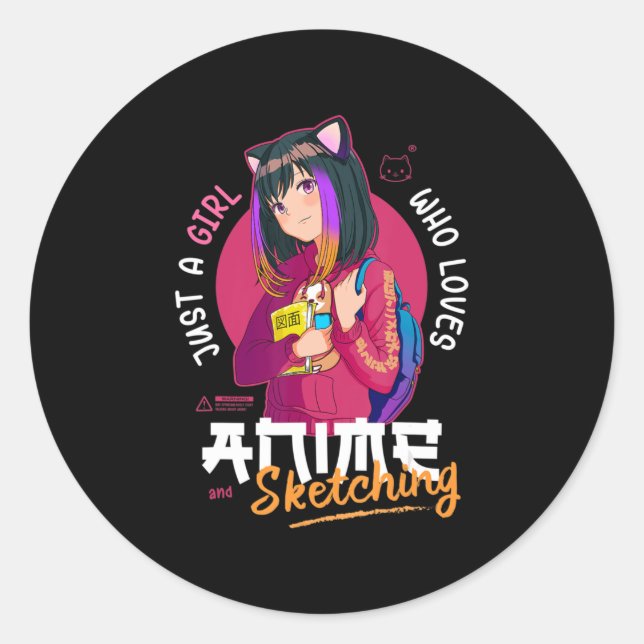 Just Girl Loves Anime Sketching Ramen Manga Otaku  Classic Round Sticker (Front)