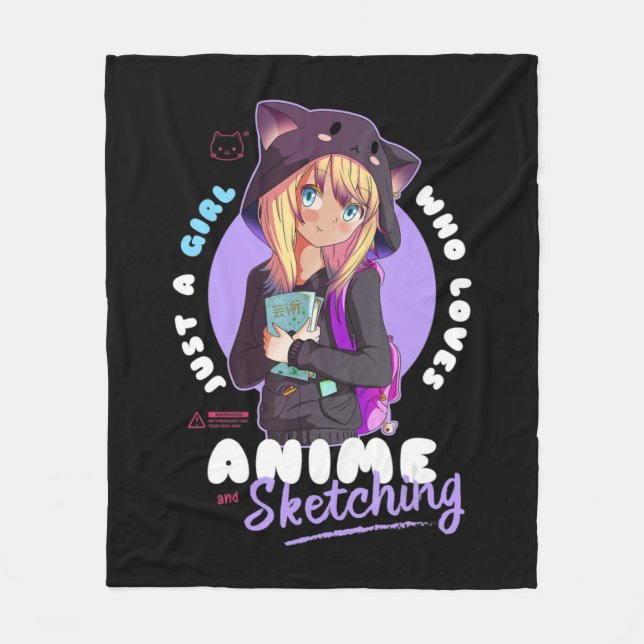 Just Girl Loves Anime Sketching Ramen Manga Otaku  Fleece Blanket (Front)