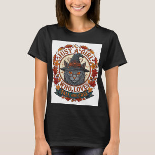 Just Girl Who Loves Cats Halloween Witch Fall Leav T-Shirt