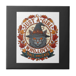 Just Girl Who Loves Cats Halloween Witch Fall Leav Tile