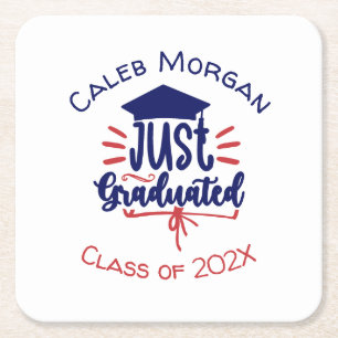 Just Graduated Red & Blue Personalised Square Paper Coaster