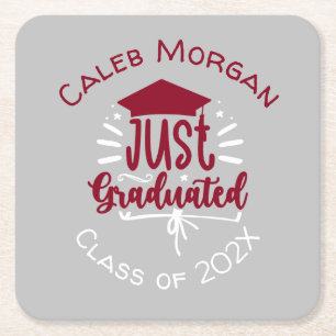 Just Graduated Red & White Personalised Square Paper Coaster
