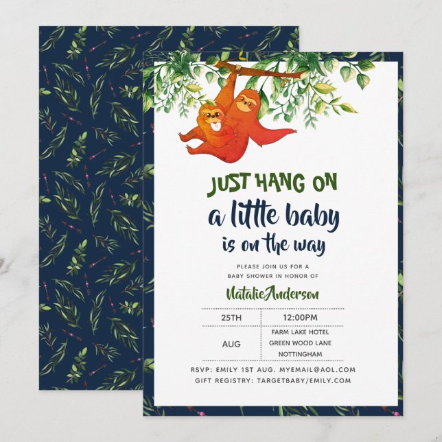 Just Hang On Sloth Baby Shower Boys Girls Neutral Invitation (Front/Back)