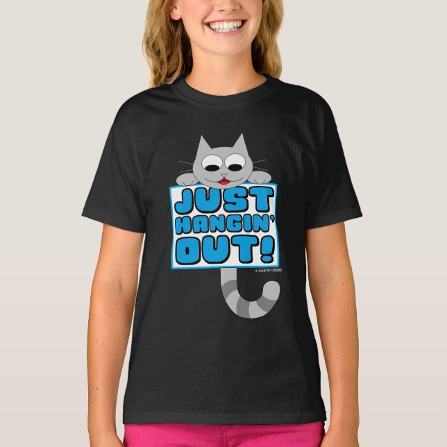 JUST HANGIN' OUT! Cute Cartoon Cat T-Shirt (Front)