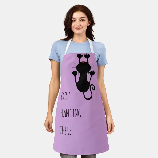 Just hanging there black cat cartoon funny text apron (Worn)