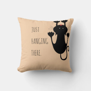 Just hanging there black cat cartoon funny text cushion