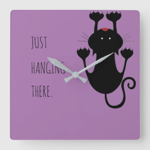 Just hanging there black cat cartoon funny text square wall clock