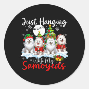 Just Hanging With My Samoyeds Xmas Three Santa Dog Classic Round Sticker