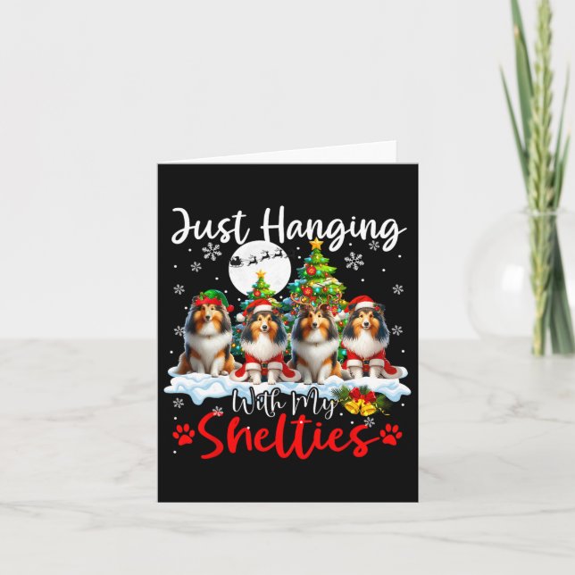 Just Hanging With My Shelties Xmas Three Santa Dog Card (Front)