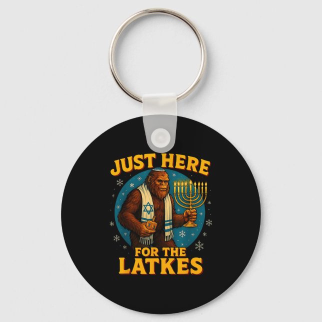 Just Here For The Latkes Funny Hanukkah Bigfoot  Key Ring (Front)