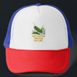 "Just Hoppin’ Funny Grasshopper Art" Trucker Hat<br><div class="desc">A hilarious grasshopper just vibin' through life! Perfect for introverts, meme lovers, and anyone who's hopping past stress one lazy leap at a time. This trendy, bold design brings retro cartoon feels and Gen Z humor together for an instant conversation starter. Whether it's a sticker, tee, or tote — let...</div>