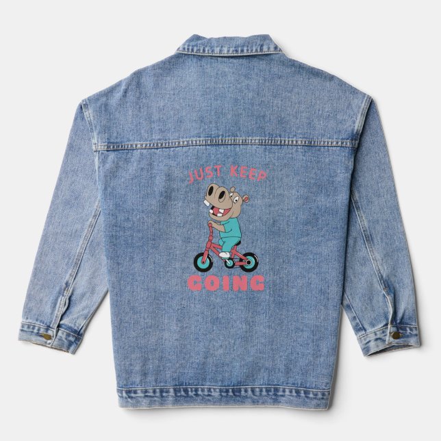 Just Keep Going Cute Hippo Riding Bicycle Denim Jacket (Back)