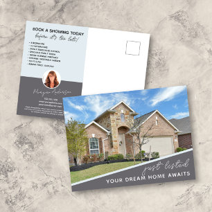 JUST LISTED Grey Blue Real Estate Marketing Postcard