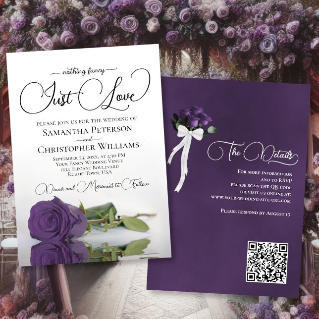 Just Love Amethyst Purple Rose QR Code Wedding Invitation (Front/Back)