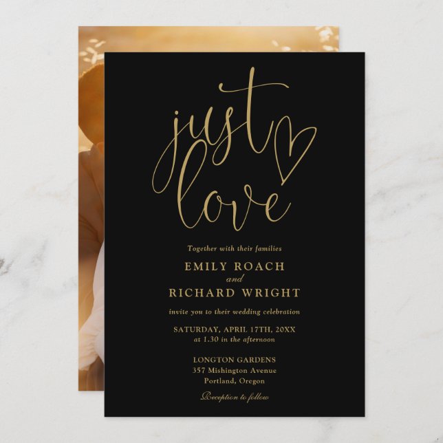 Just Love Black And Gold Script Photo Wedding Invitation (Front/Back)