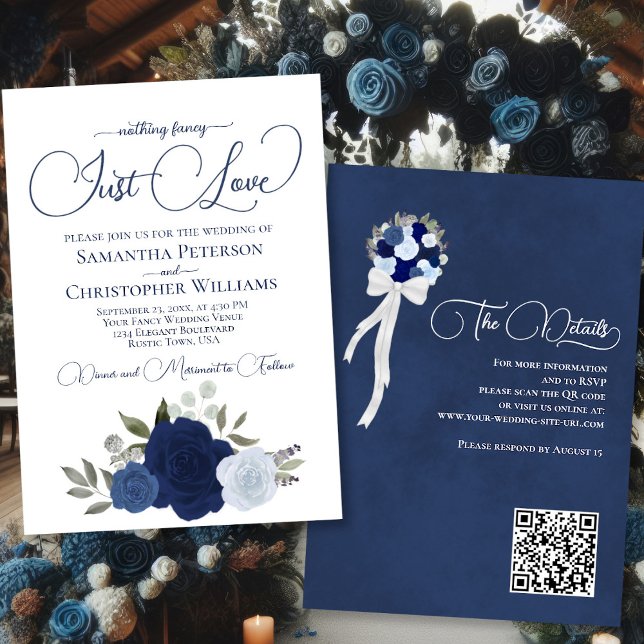 Just Love Blue Roses Boho Floral QR Code Wedding Invitation (Front/Back)