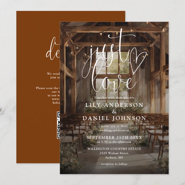 Just Love Boho Barn String Lights QR Code Wedding Invitation (Front/Back)